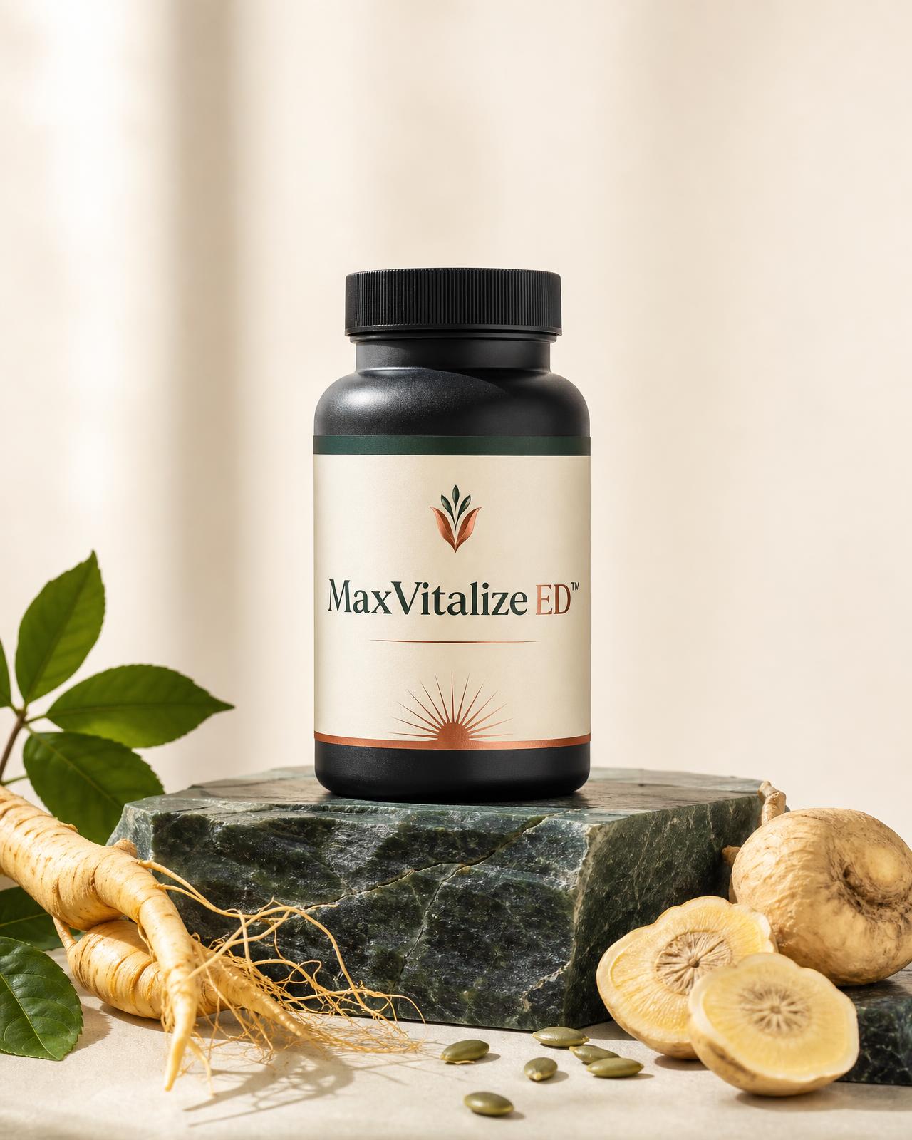 Editorial representation of a MaxVitalize ED supplement bottle with botanical ingredients