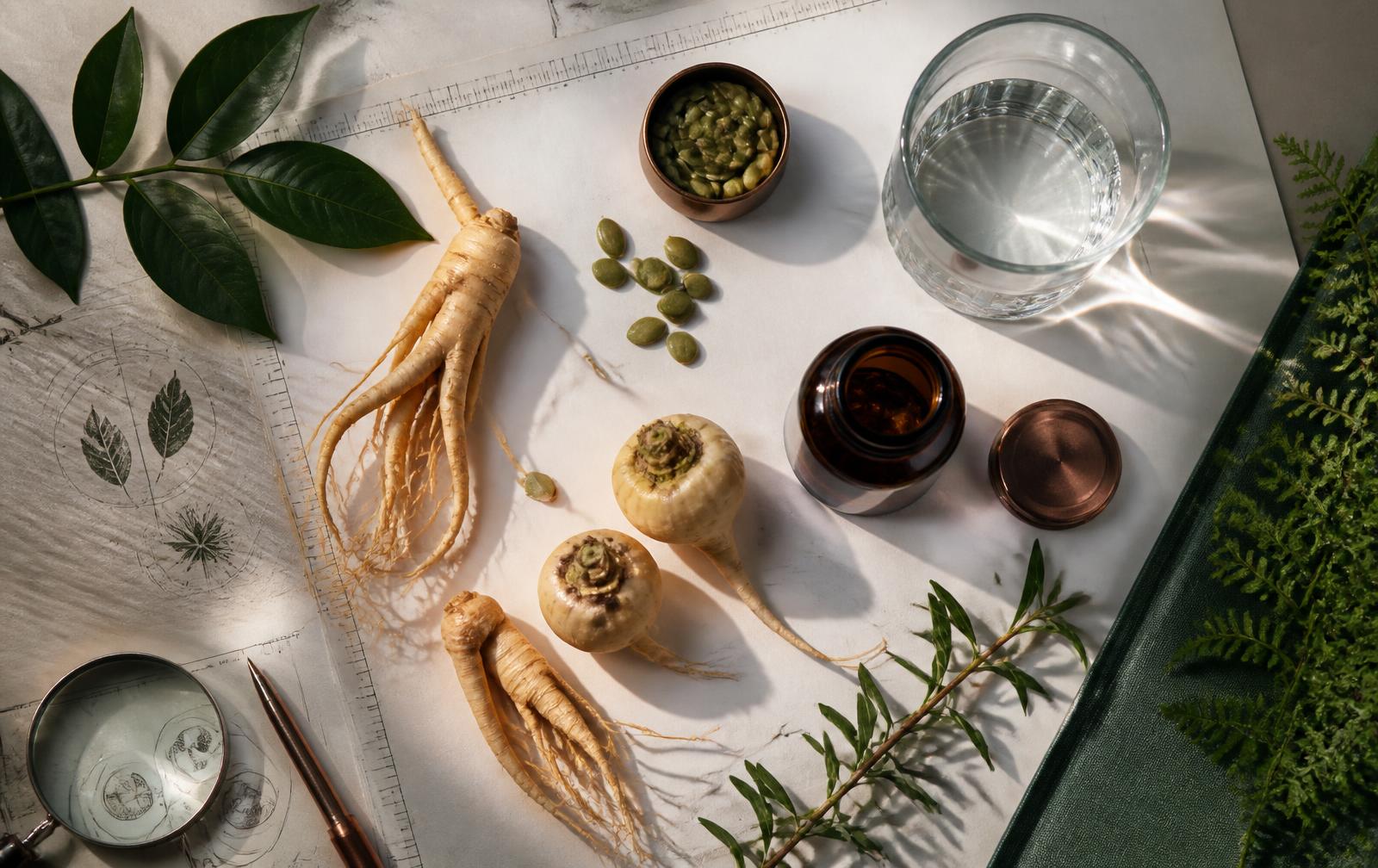 Botanical roots, seeds, water, and a supplement jar arranged for ingredient research
